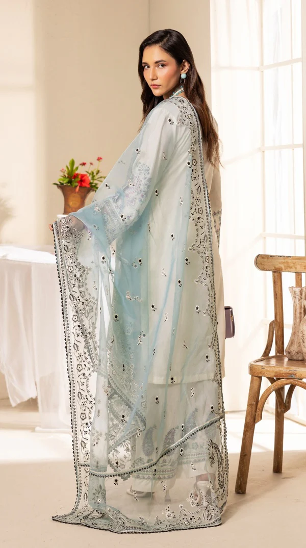 White Thread Embroidered Palazzo Suit with Organza Dupatta - Image 3