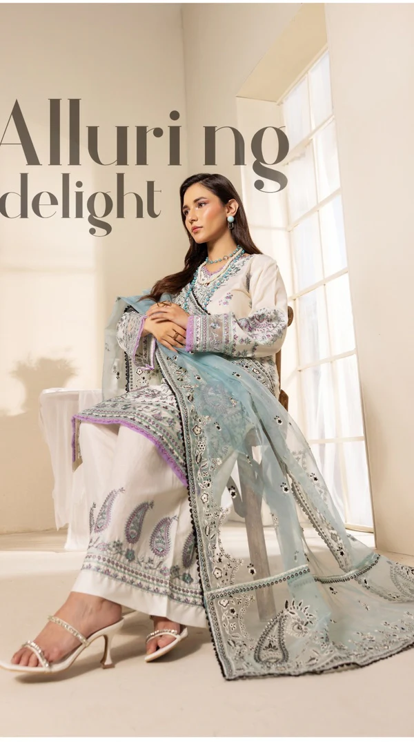White Thread Embroidered Palazzo Suit with Organza Dupatta - Image 4