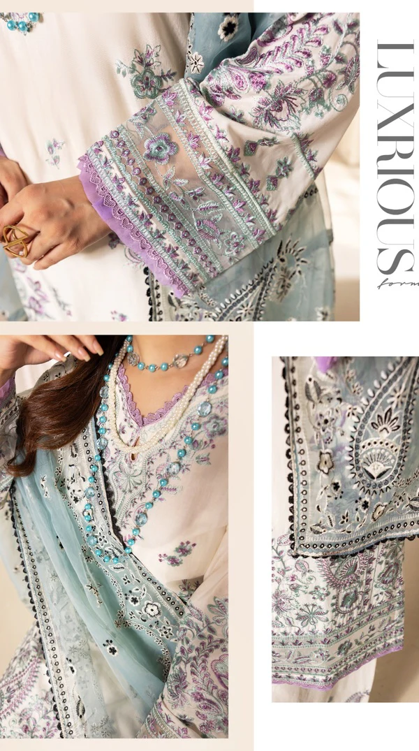 White Thread Embroidered Palazzo Suit with Organza Dupatta - Image 5