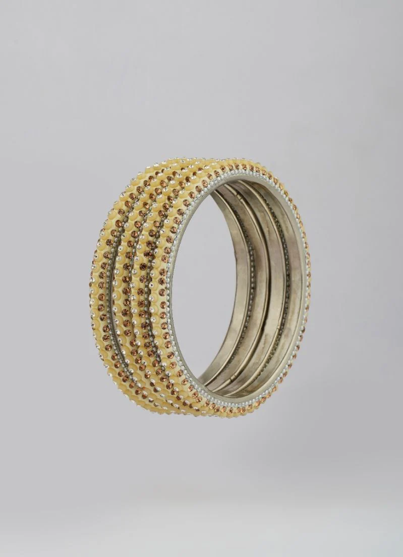 Lemon Cream Enamel Bangles Diamonte & Silver Detail Wedding Jewellery Set - Image 2