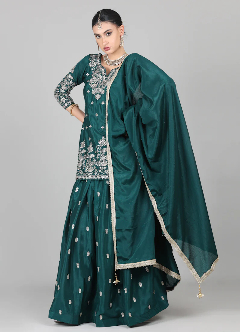 Dark Green Chinon Embroidered Lehenga Set - Image 3