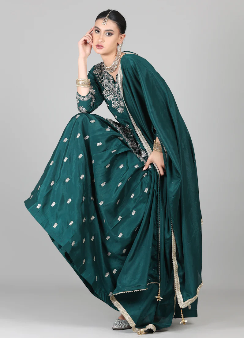 Dark Green Chinon Embroidered Lehenga Set - Image 4