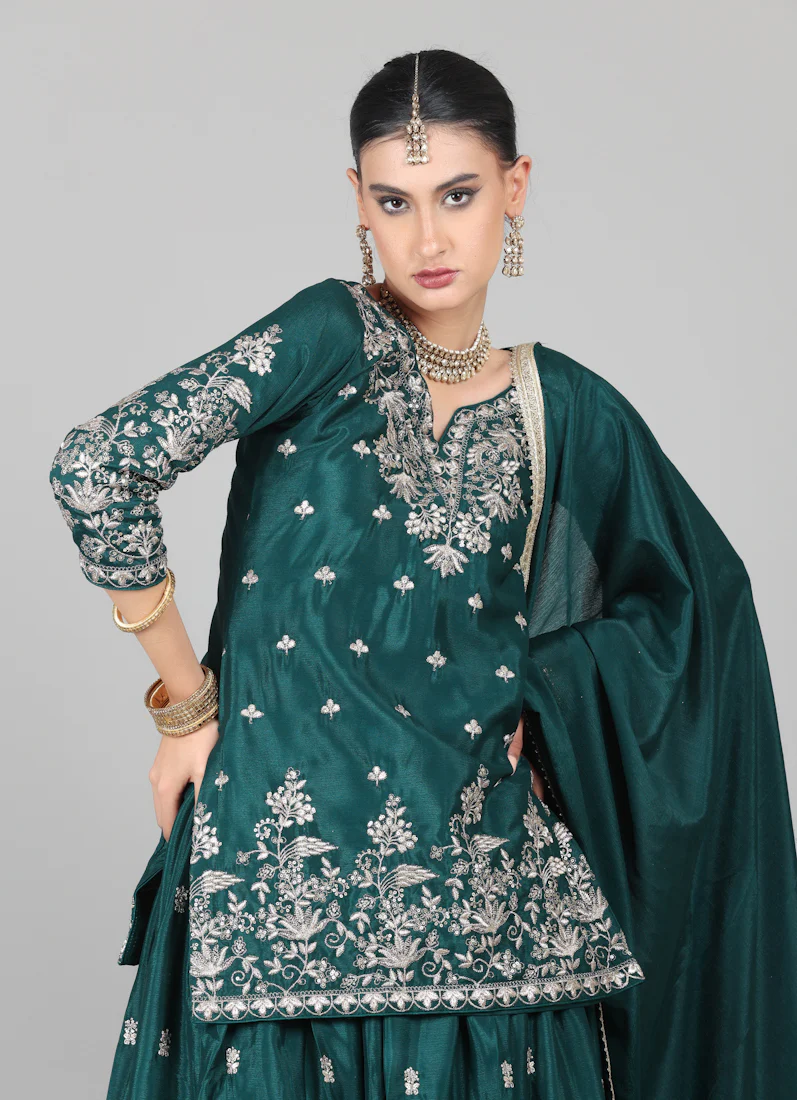 Dark Green Chinon Embroidered Lehenga Set - Image 5