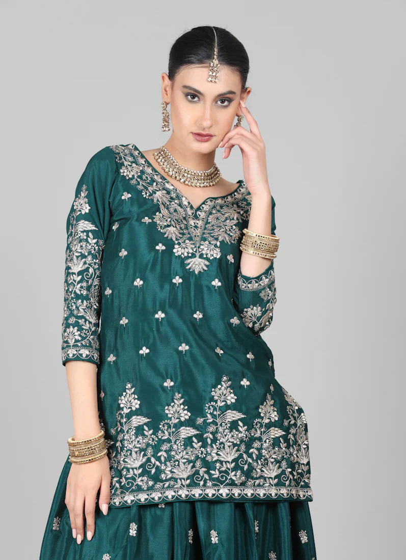 Dark Green Chinon Embroidered Lehenga Set - Image 6
