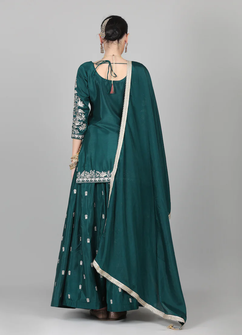 Dark Green Chinon Embroidered Lehenga Set - Image 7