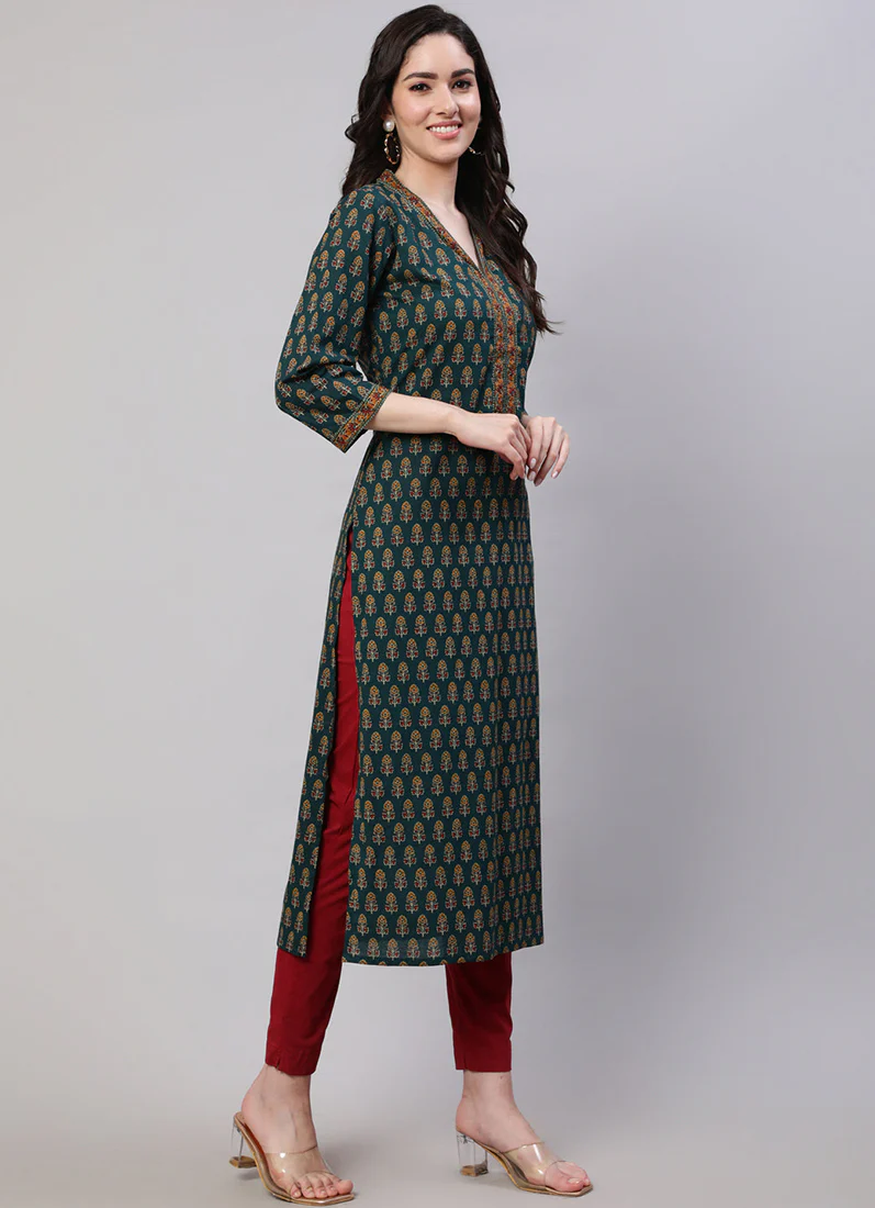 Dark Green Cotton Straight Cut Kurti - Image 2