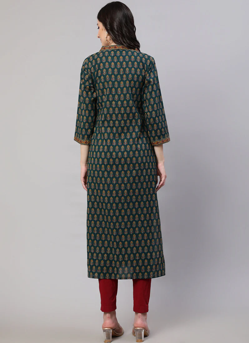 Dark Green Cotton Straight Cut Kurti - Image 3