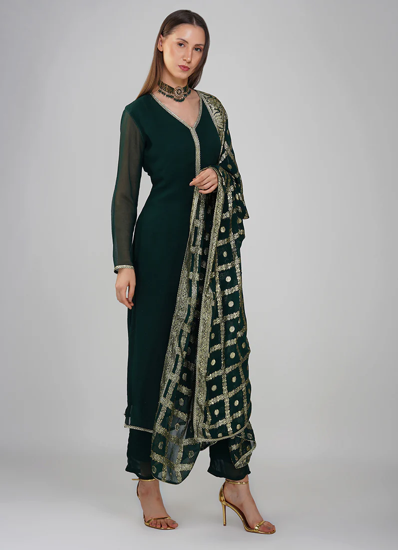 Dark Green Georgette Jacqaurd Suit Set - Image 2