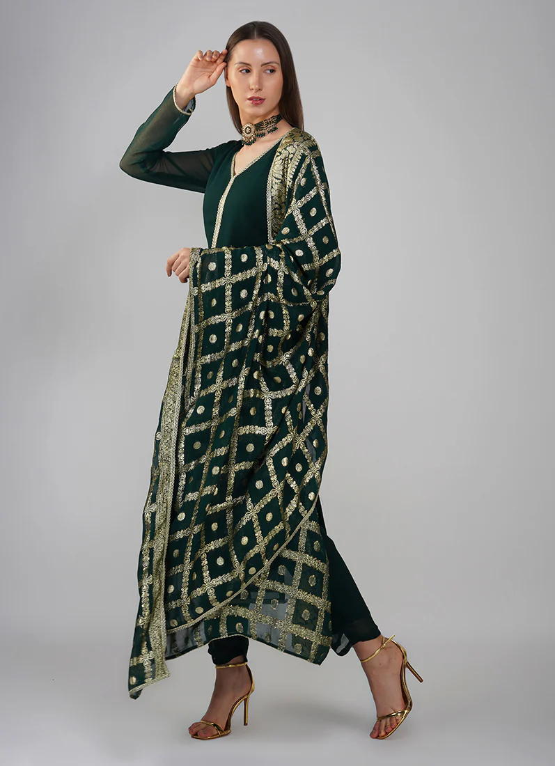 Dark Green Georgette Jacqaurd Suit Set - Image 3