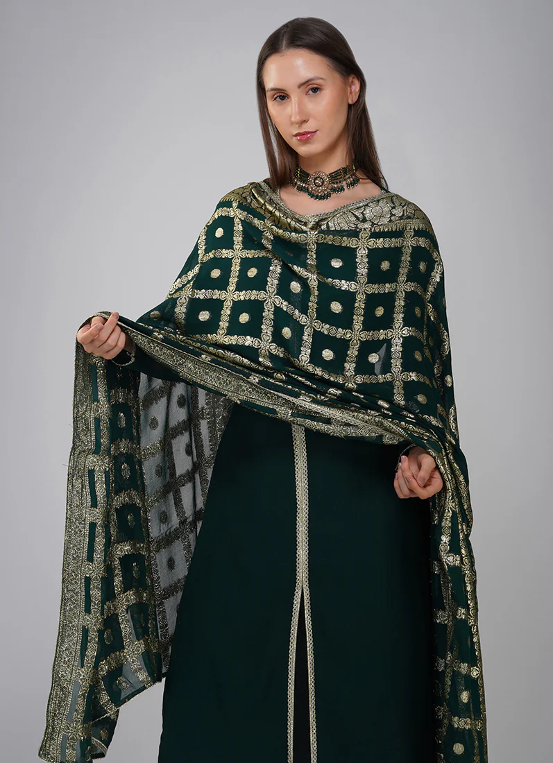 Dark Green Georgette Jacqaurd Suit Set - Image 4