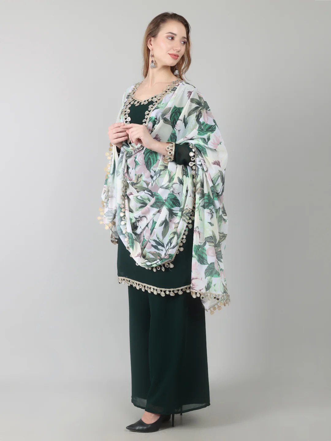Dark Green Georgette Printed Dupatta Suit Set - Image 2