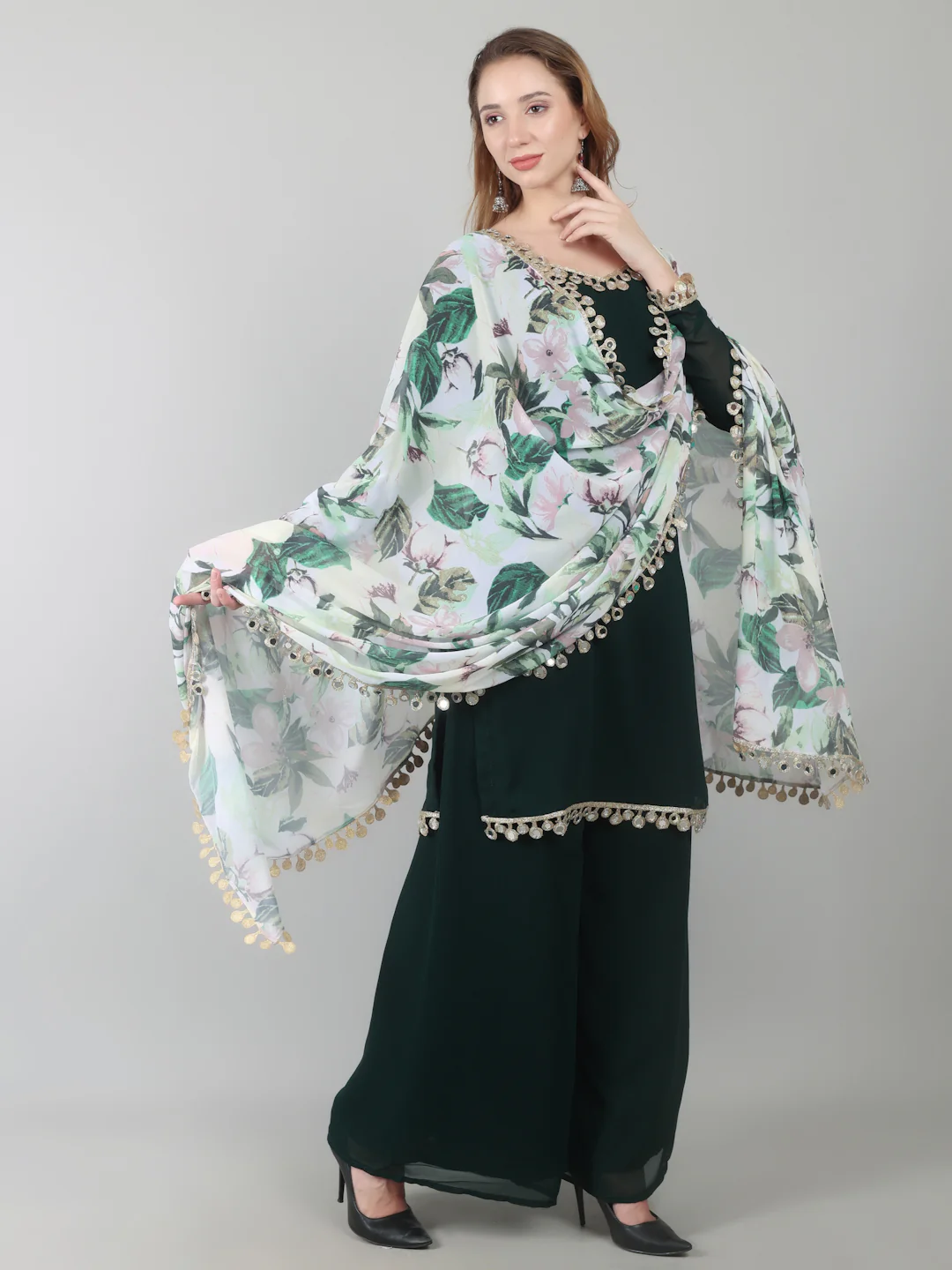 Dark Green Georgette Printed Dupatta Suit Set - Image 3