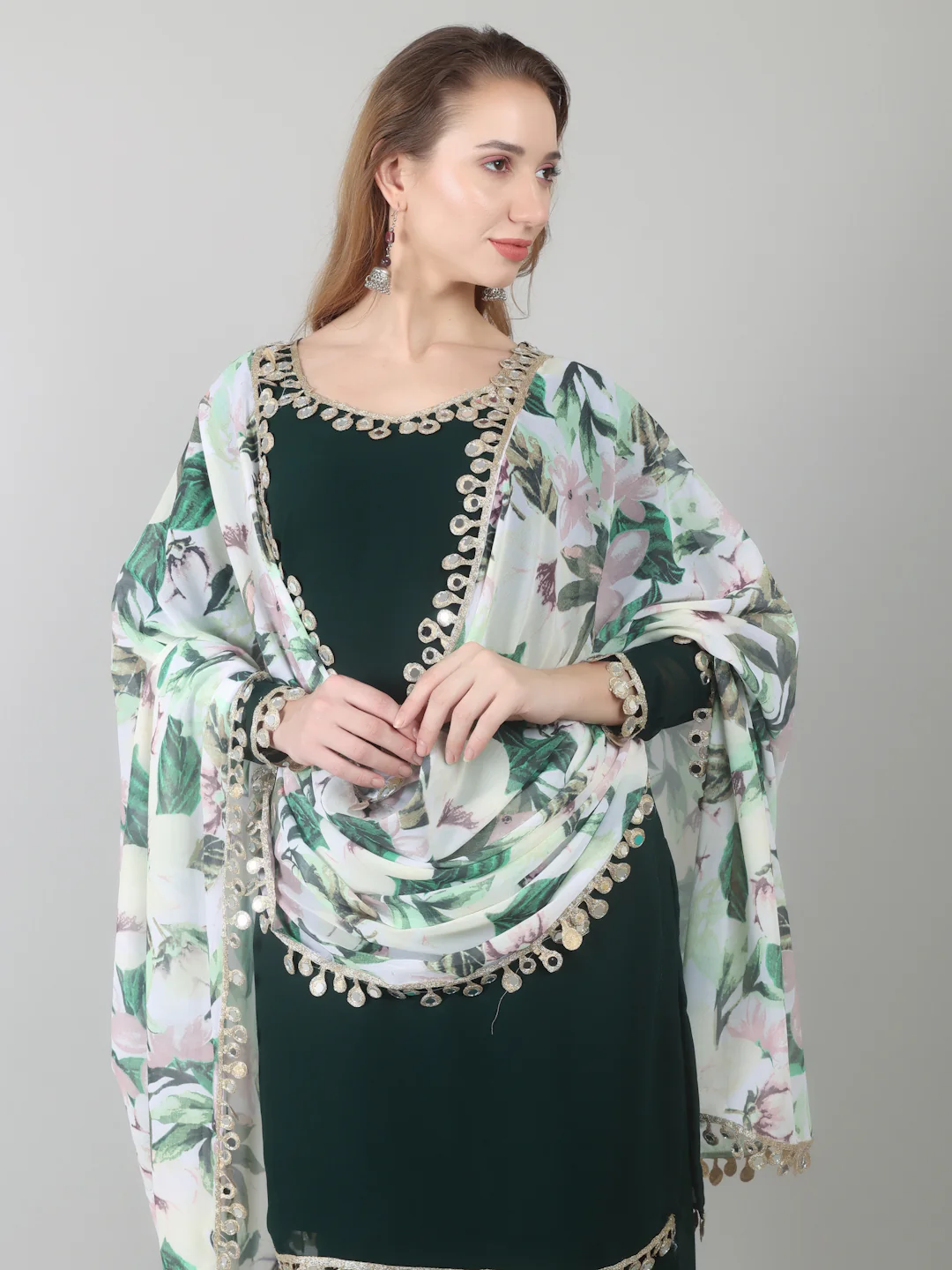 Dark Green Georgette Printed Dupatta Suit Set - Image 5