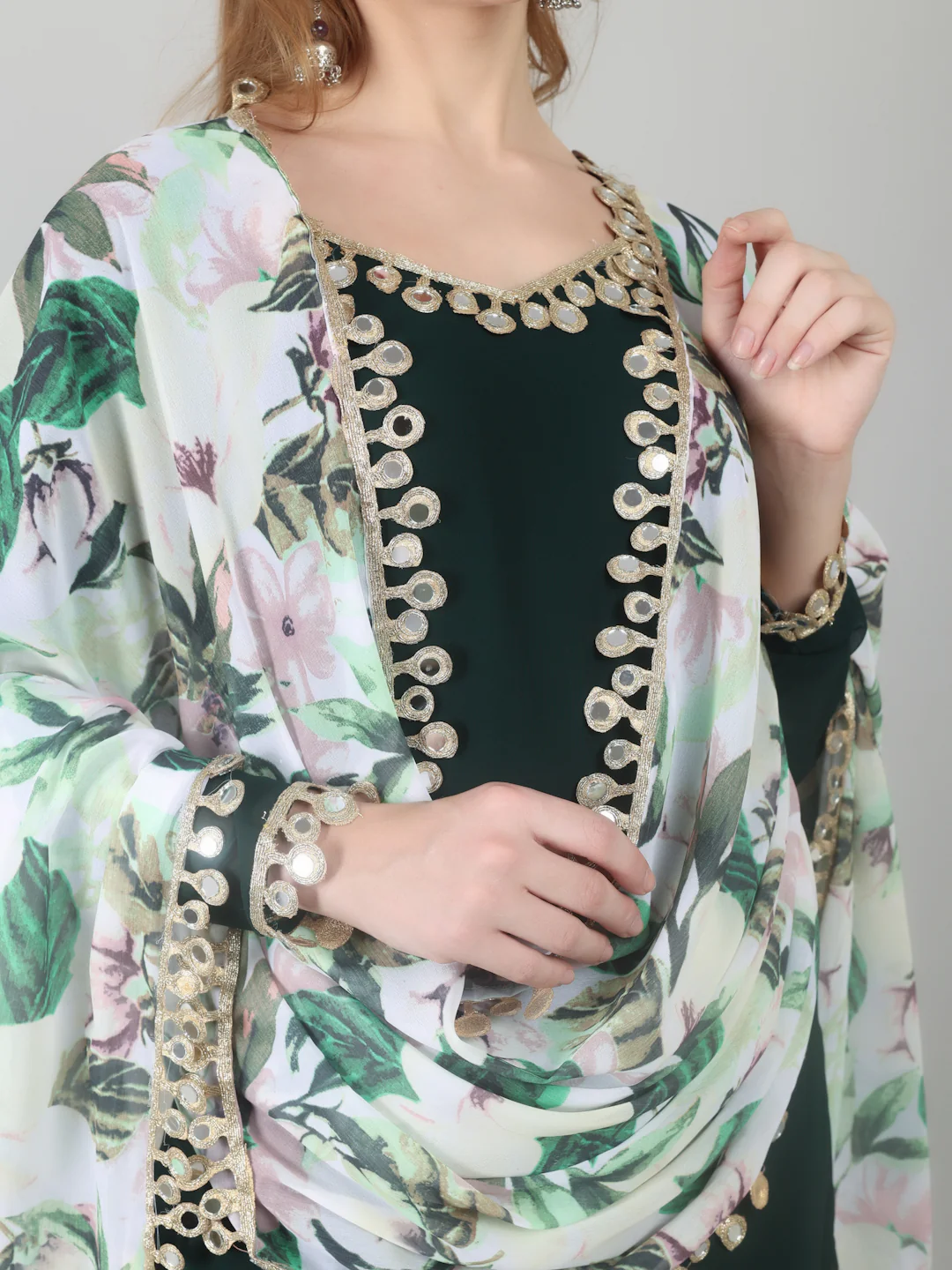 Dark Green Georgette Printed Dupatta Suit Set - Image 6