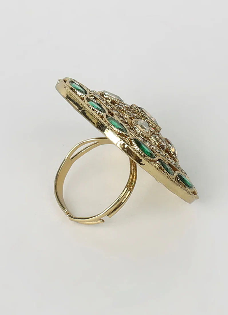 Dark Green Gold Plated Adjustable Finger Ring with Diamonte - Image 3
