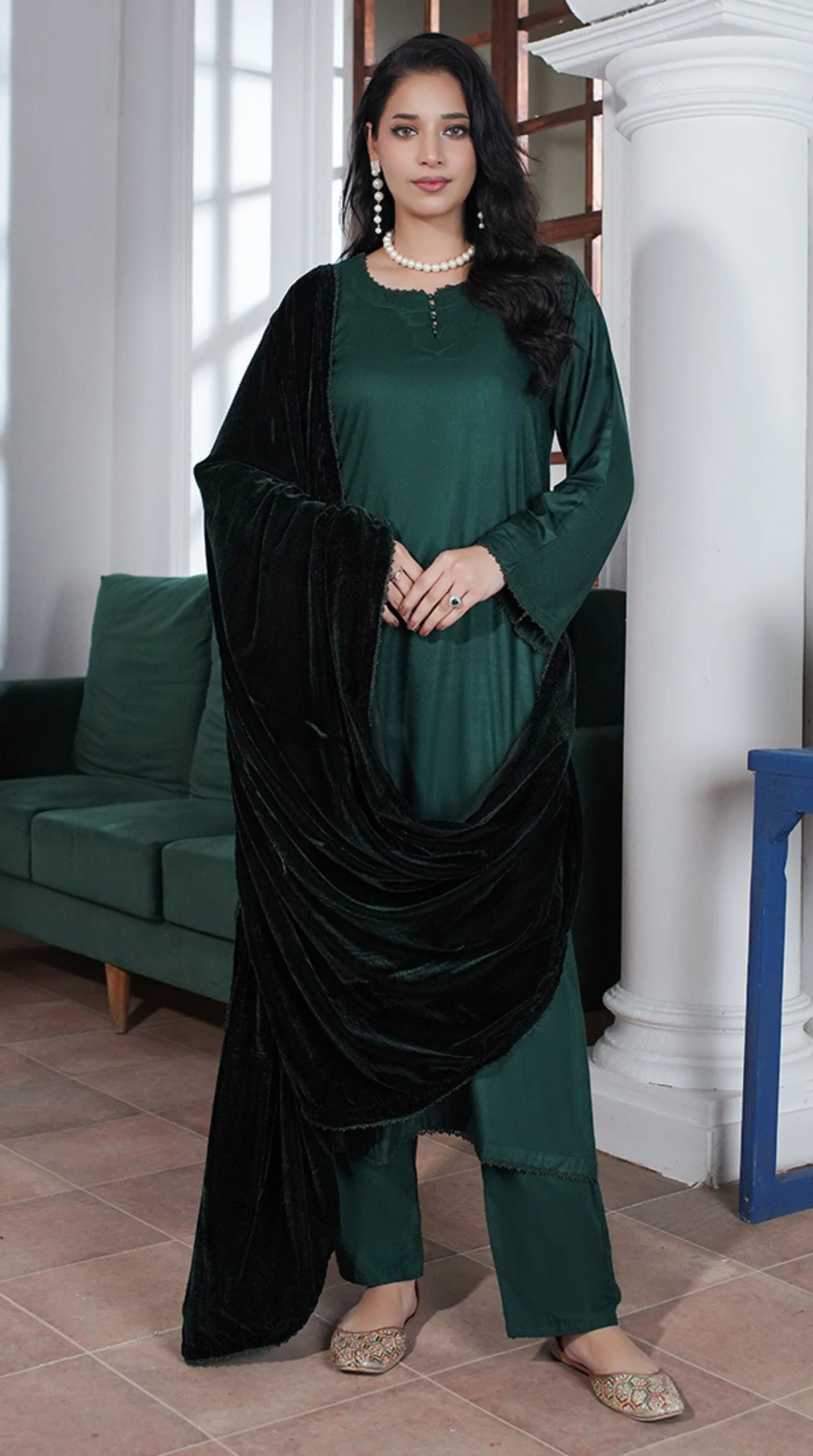 Dark Green Linen Velvet Dupatta Suit Set - Image 2
