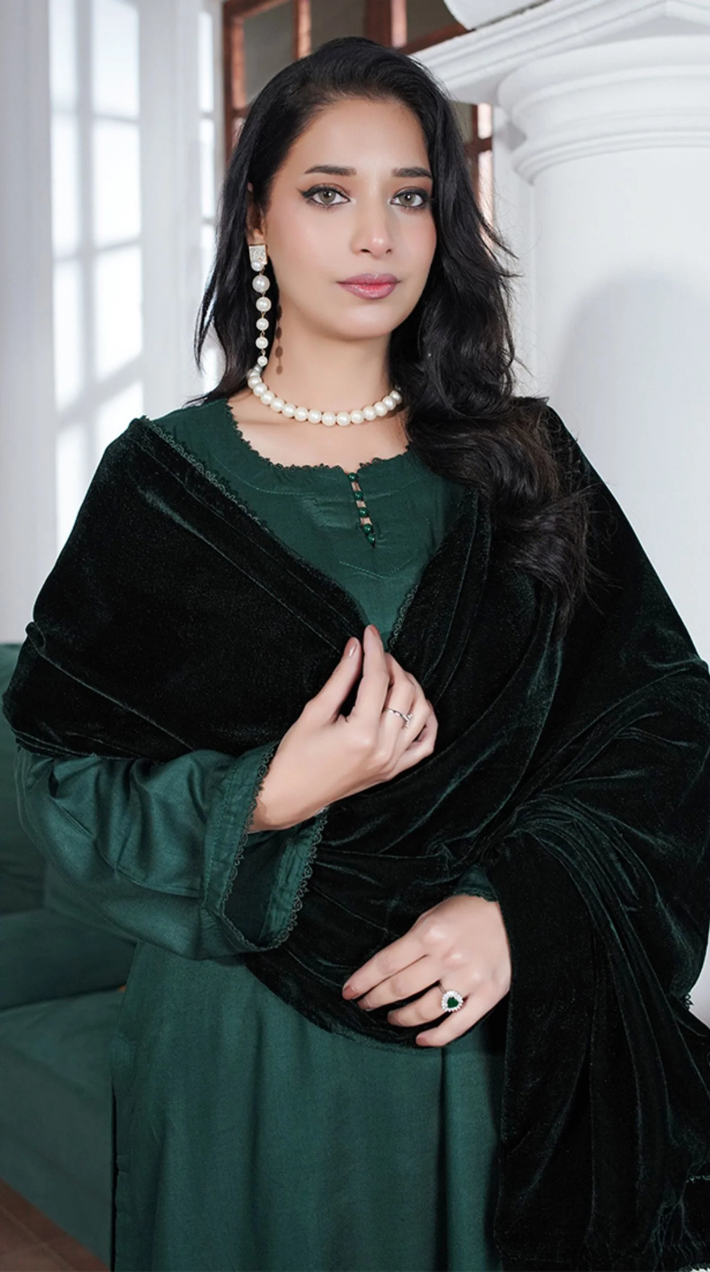 Dark Green Linen Velvet Dupatta Suit Set - Image 4