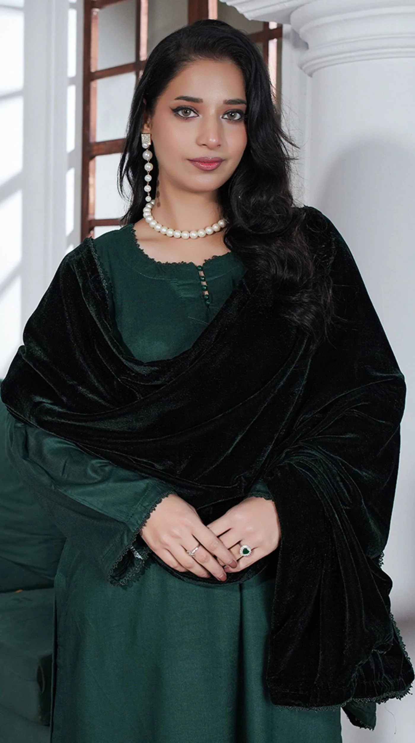 Dark Green Linen Velvet Dupatta Suit Set - Image 5