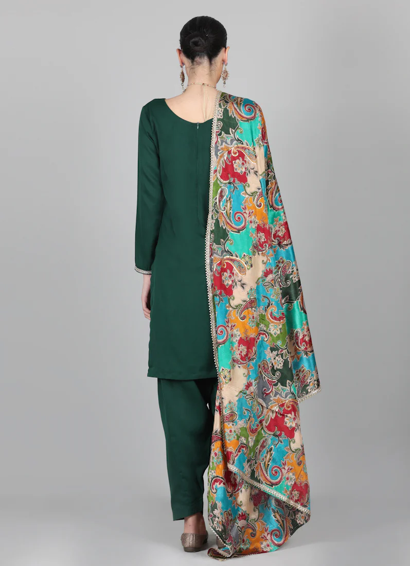 Dark Green Multicolour Printed Dupatta Suit Set - Image 2