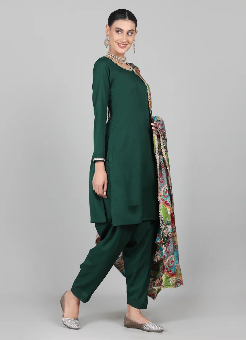 Dark Green Multicolour Printed Dupatta Suit Set - Image 5