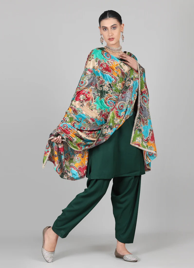 Dark Green Multicolour Printed Dupatta Suit Set - Image 8
