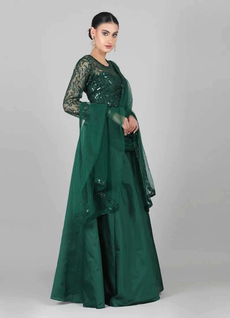 Dark Green Net Sequins Embroidered Lehenga Set - Image 3