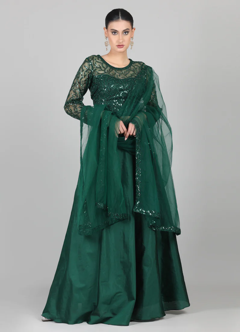 Dark Green Net Sequins Embroidered Lehenga Set - Image 4