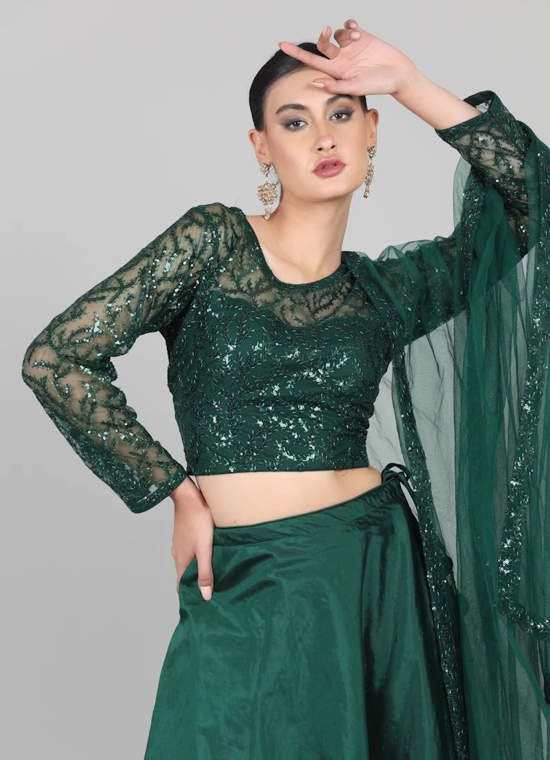 Dark Green Net Sequins Embroidered Lehenga Set - Image 5