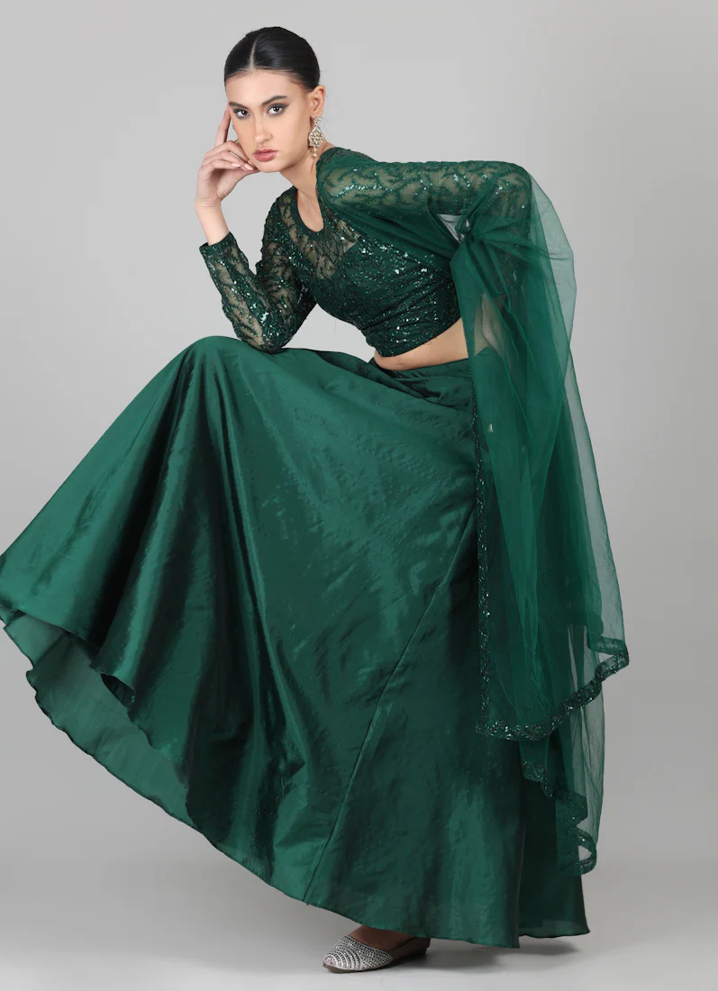 Dark Green Net Sequins Embroidered Lehenga Set - Image 6