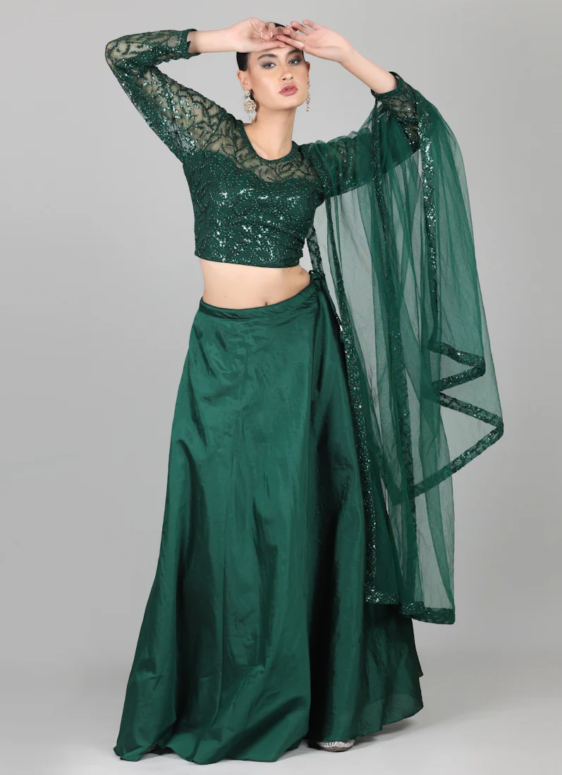 Dark Green Net Sequins Embroidered Lehenga Set - Image 7