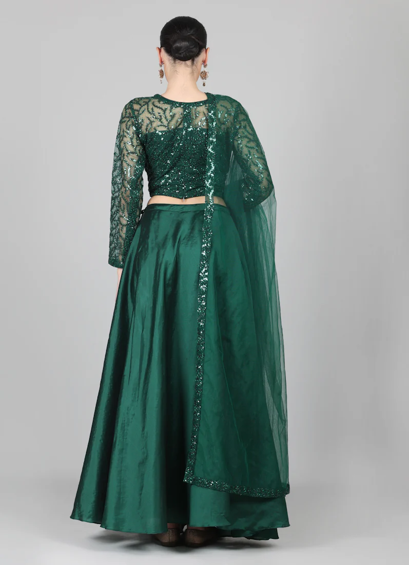 Dark Green Net Sequins Embroidered Lehenga Set - Image 8