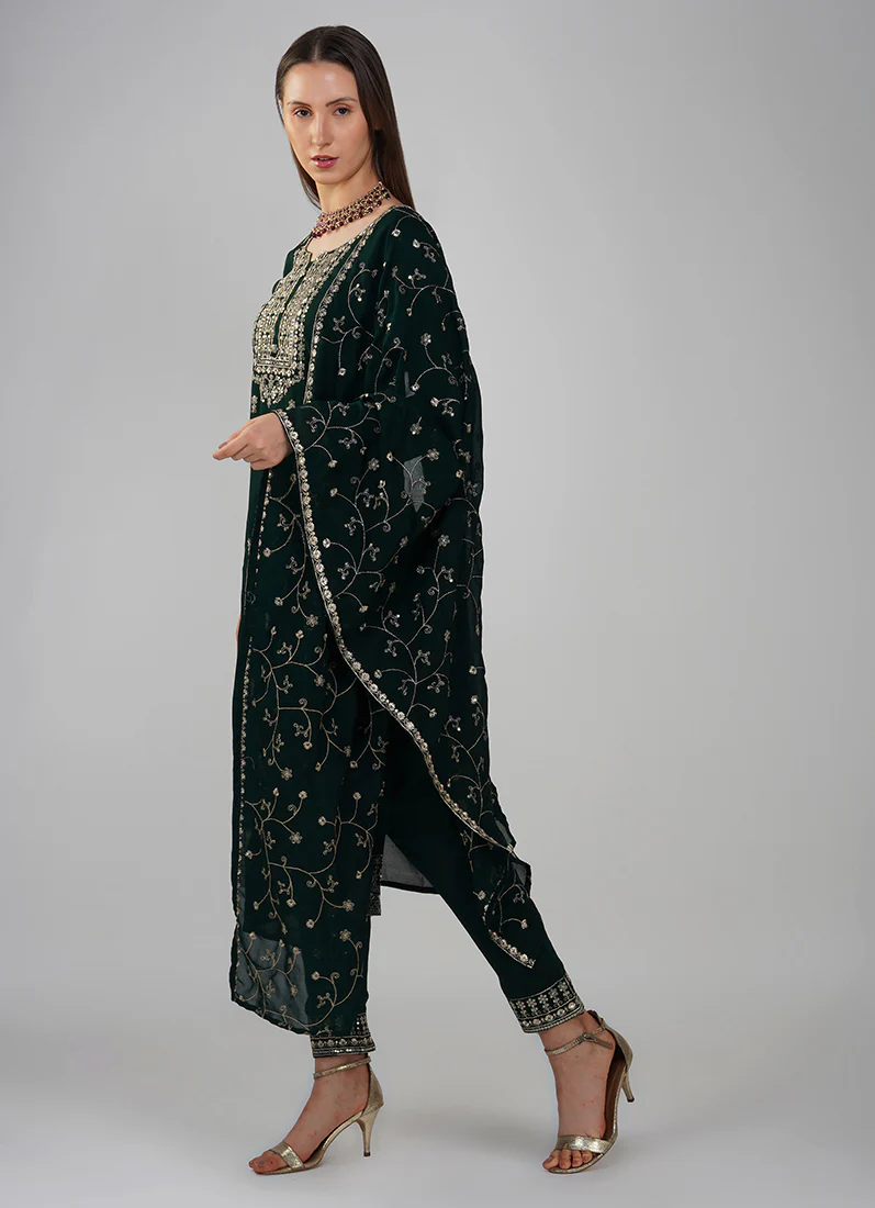Dark Green Silk Embroidered Suit Set - Image 3