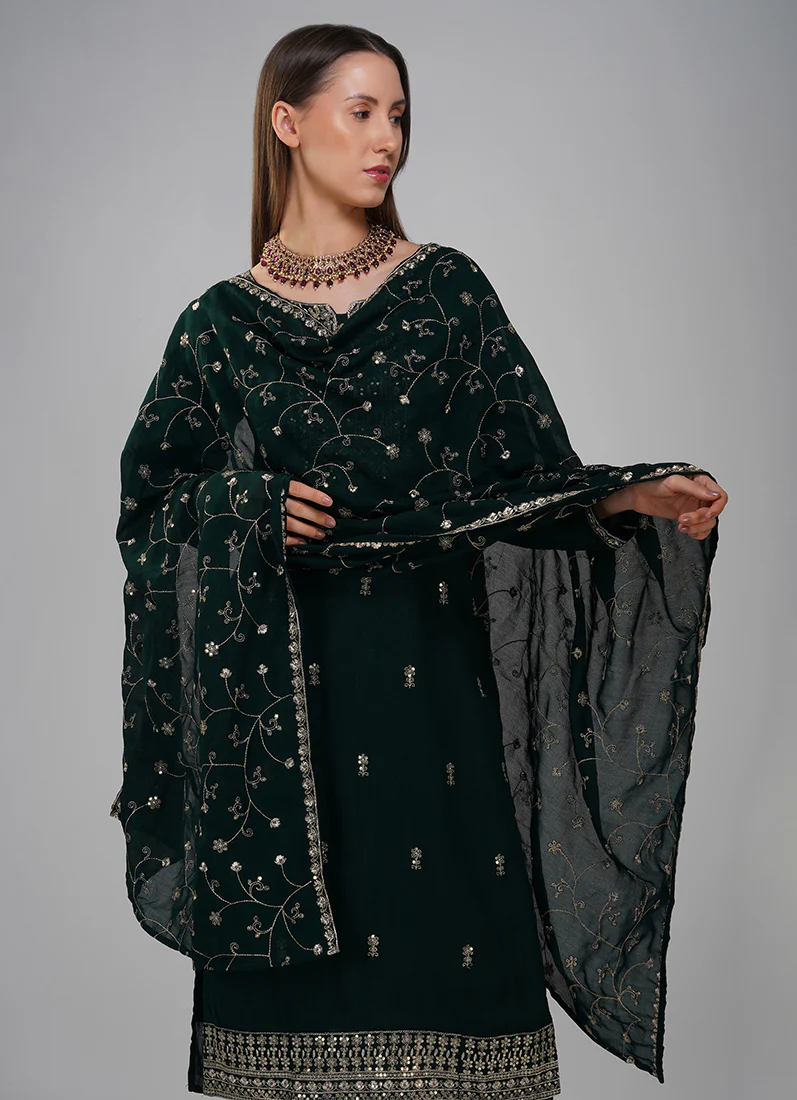 Dark Green Silk Embroidered Suit Set - Image 4