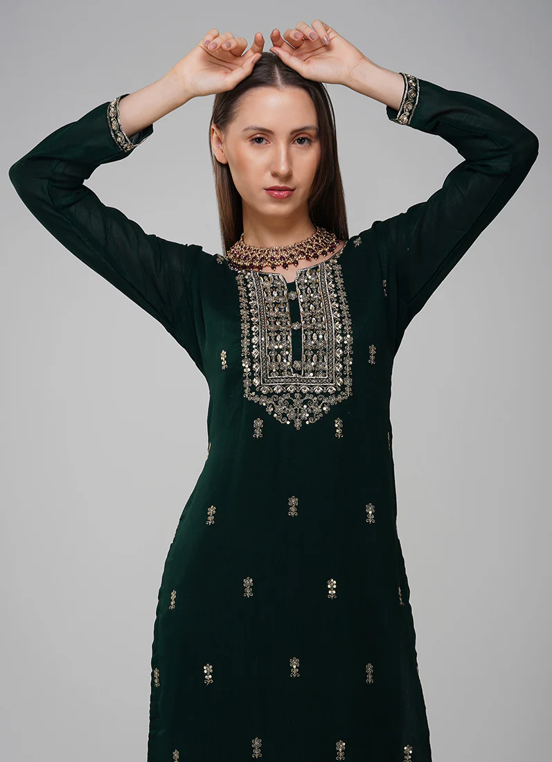 Dark Green Silk Embroidered Suit Set - Image 5