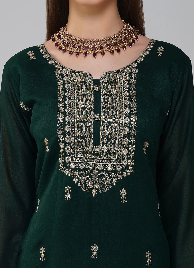 Dark Green Silk Embroidered Suit Set - Image 6