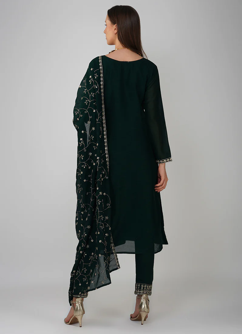 Dark Green Silk Embroidered Suit Set - Image 7