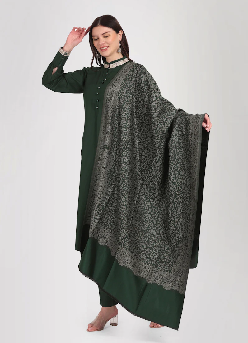 Dark Green Straight Cut Shawl Suit Set - Image 2