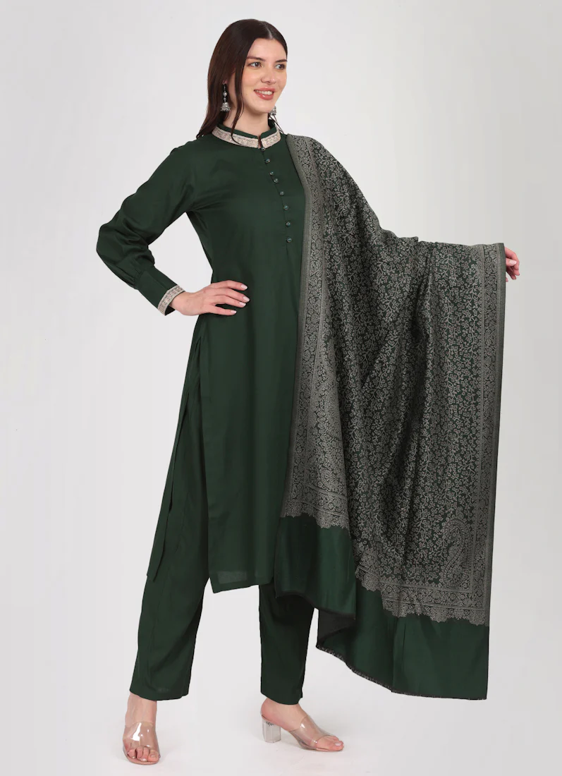Dark Green Straight Cut Shawl Suit Set - Image 3