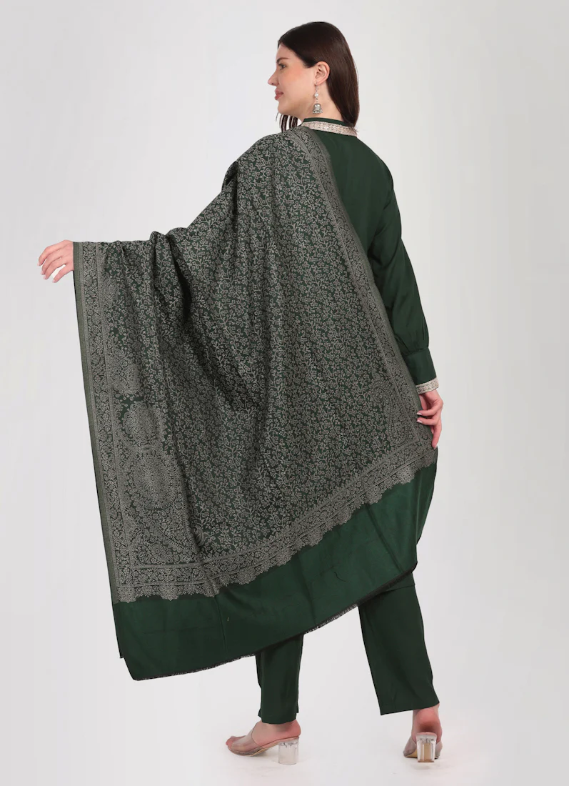 Dark Green Straight Cut Shawl Suit Set - Image 4