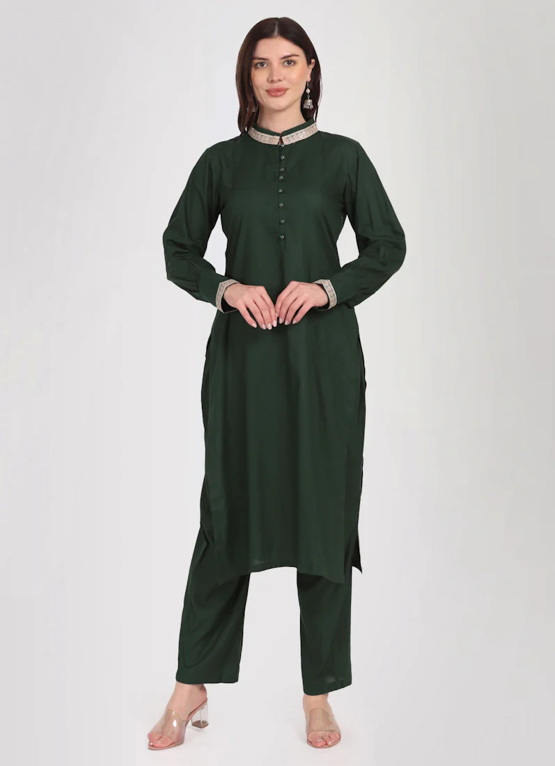 Dark Green Straight Cut Shawl Suit Set - Image 5