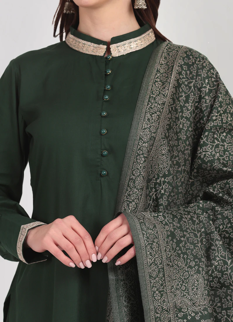 Dark Green Straight Cut Shawl Suit Set - Image 6