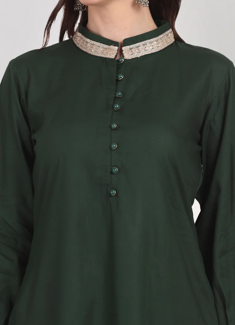 Dark Green Straight Cut Shawl Suit Set - Image 7