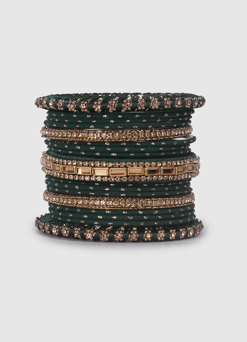 Dark Green Threadwork Bangle Set with Gold Diamonte - Image 3