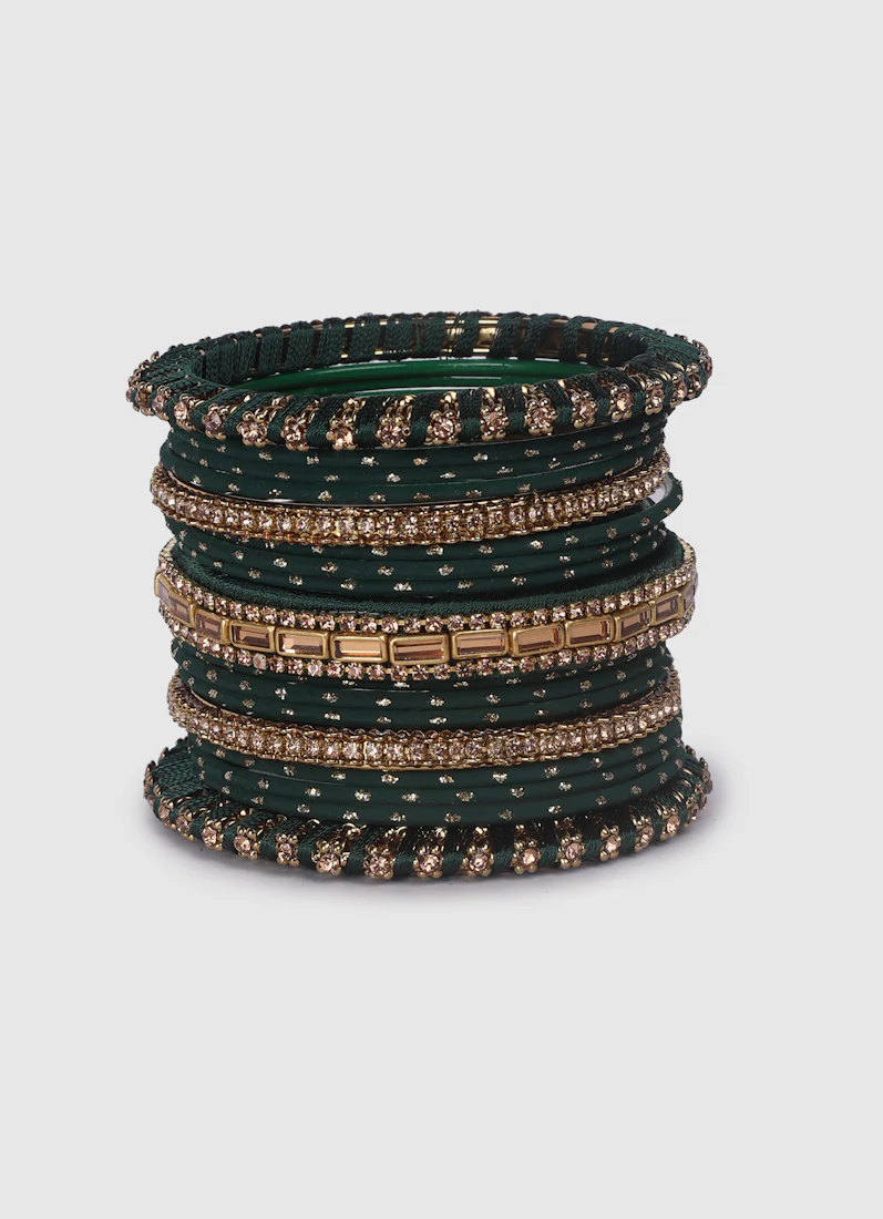 Dark Green Threadwork Bangle Set with Gold Diamonte - Image 4
