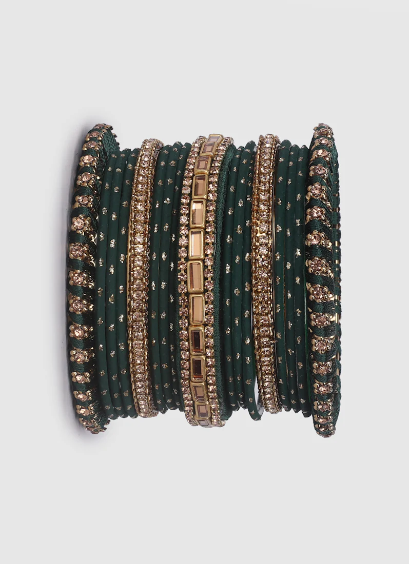 Dark Green Threadwork Bangle Set with Gold Diamonte - Image 5