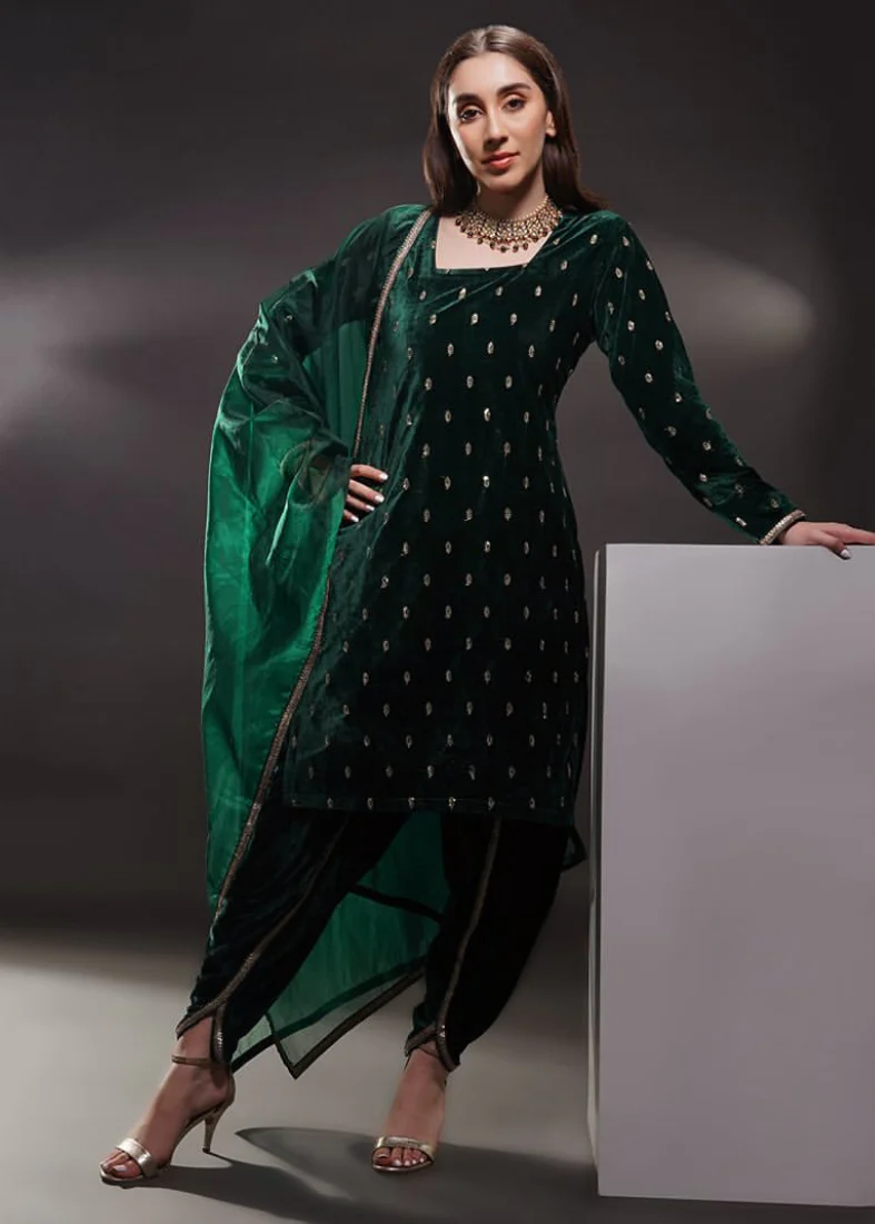 Dark Green Velvet Butti Embroidered Suit Set - Image 2