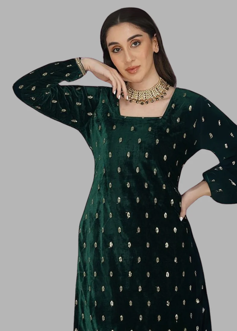 Dark Green Velvet Butti Embroidered Suit Set - Image 4