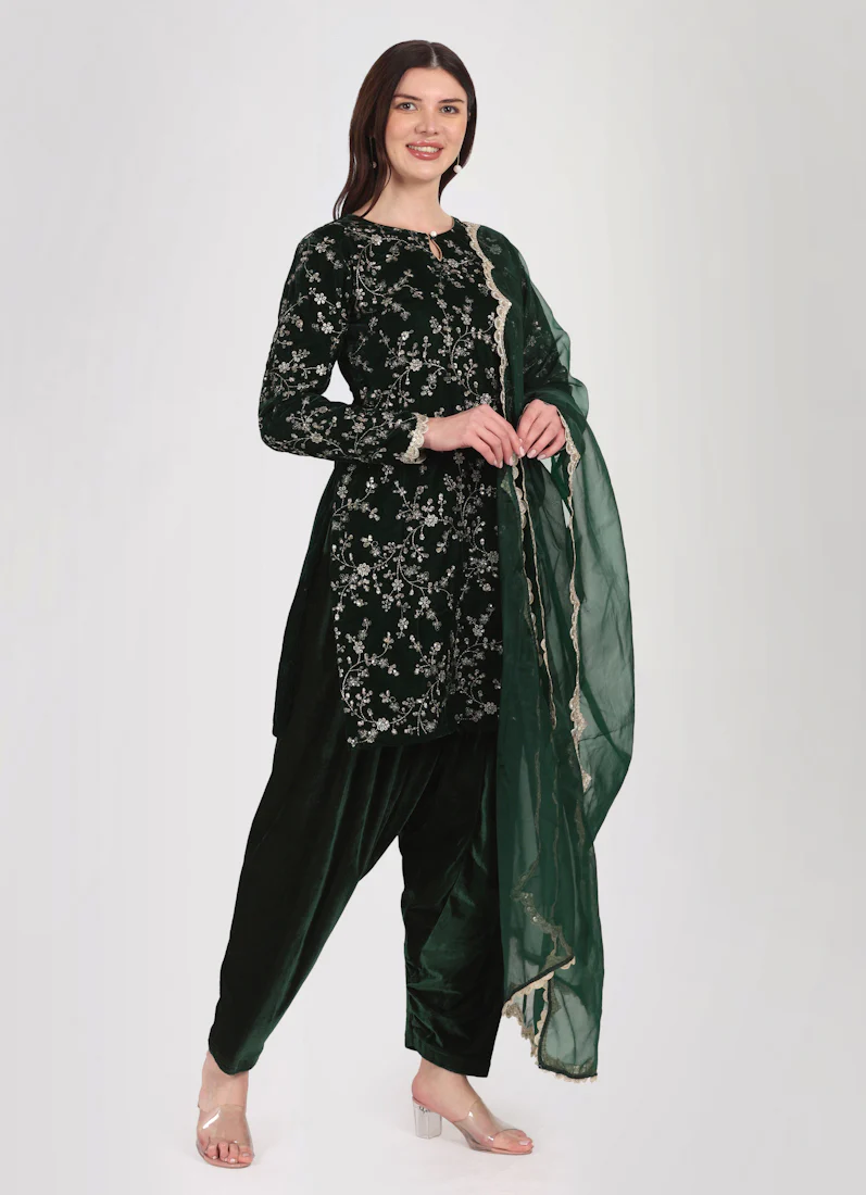 Dark Green Velvet Embroidered Suit Set - Image 3