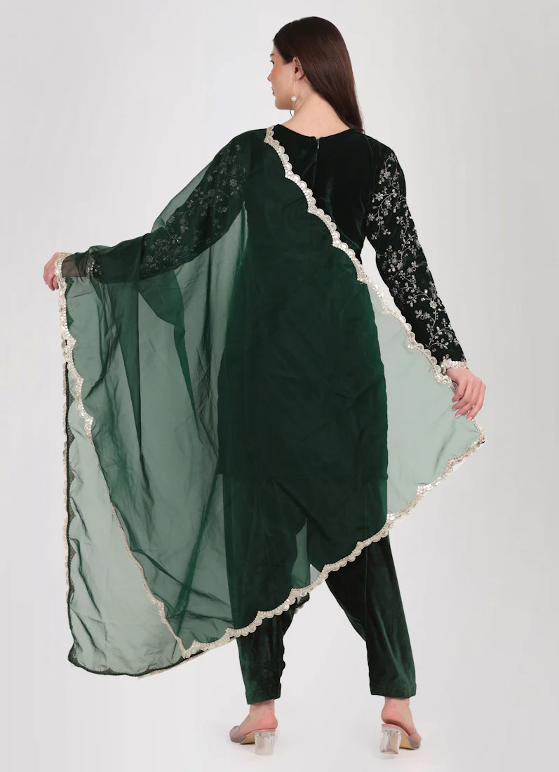 Dark Green Velvet Embroidered Suit Set - Image 4