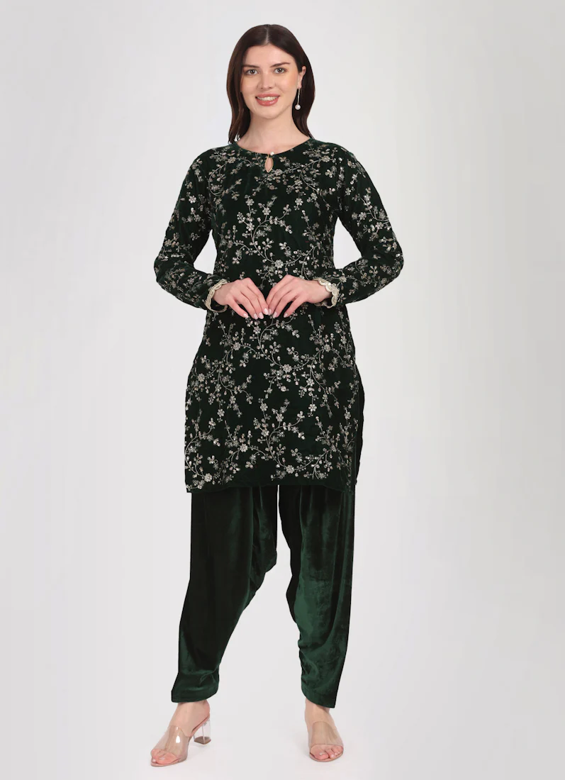 Dark Green Velvet Embroidered Suit Set - Image 5